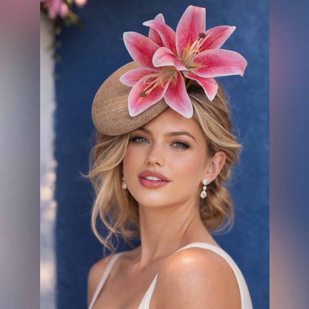 Kentucky Derby Oaks Hat Pink Stargazer Lily Fascinator w Tan Base- Easter, Tea